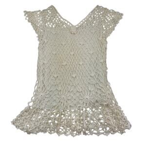 Vintage Boho Hippie Grandmacore Crochet Knit Cap Sleeve Top Women's Size Large